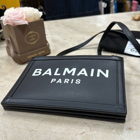 BALMAIN B-ARMY THREE COMPARTMENT BLACK LEATHER LOGO PRINT BAG CLUTCH CROSSBODY - Picture 7 of 16